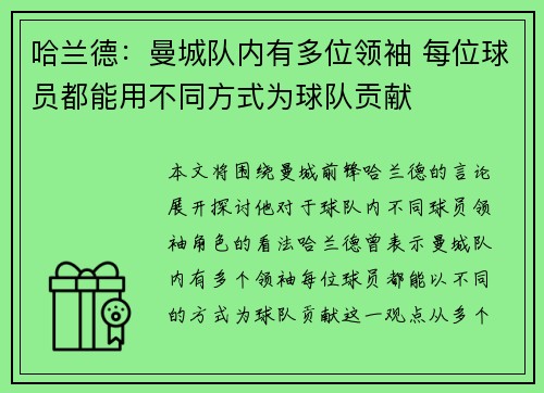 哈兰德：曼城队内有多位领袖 每位球员都能用不同方式为球队贡献